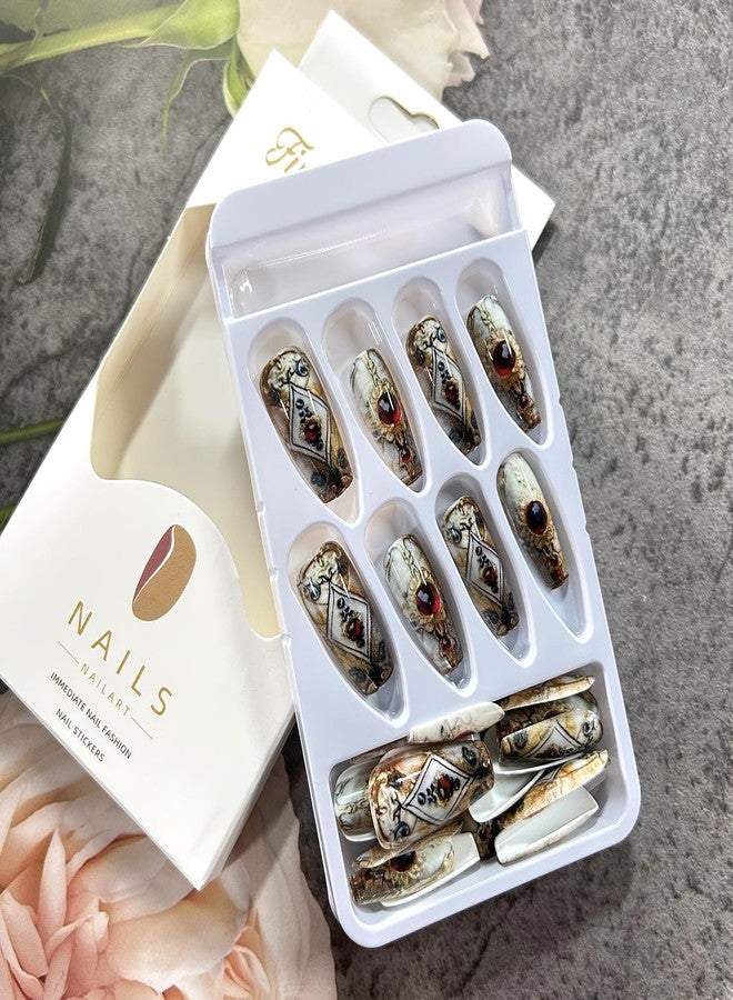 CJDLTS Press on Nails Medium Ballet Shaped Red Rhinestones Golden Totem Pattern Design Acrylic False Nail Full Cover Glossy Artificial Fingernails 24Pcs Reusable Glue on Nails for Women - Image 4
